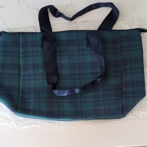 Plaid Tote Bag with Navy Straps